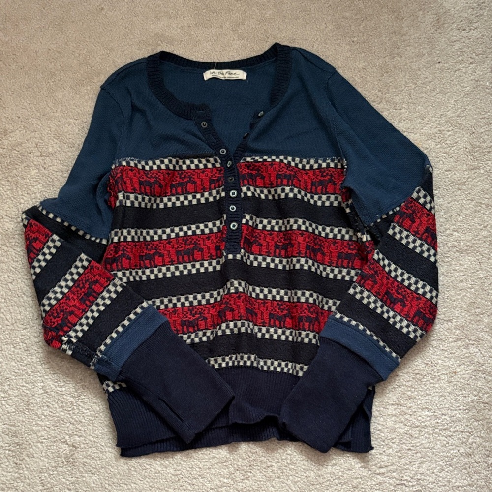 We The Free Navy and Red Striped Sweater